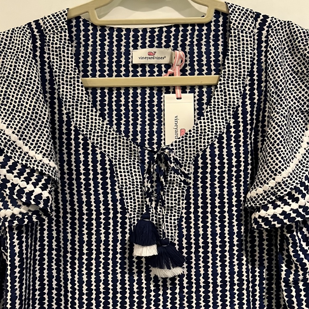 NWT VV Dot Stripe Vineyard Tunic Dress w/ Tassels, detail on flutter sleeves, M - Picture 4 of 8